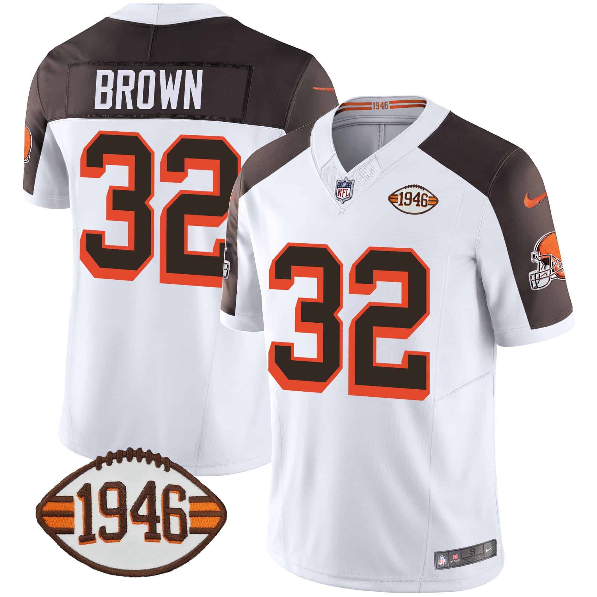 Men Cleveland Browns #32 Brown White 1946 75th Anniversary Patch 2024 Nike NFL Jersey style 1